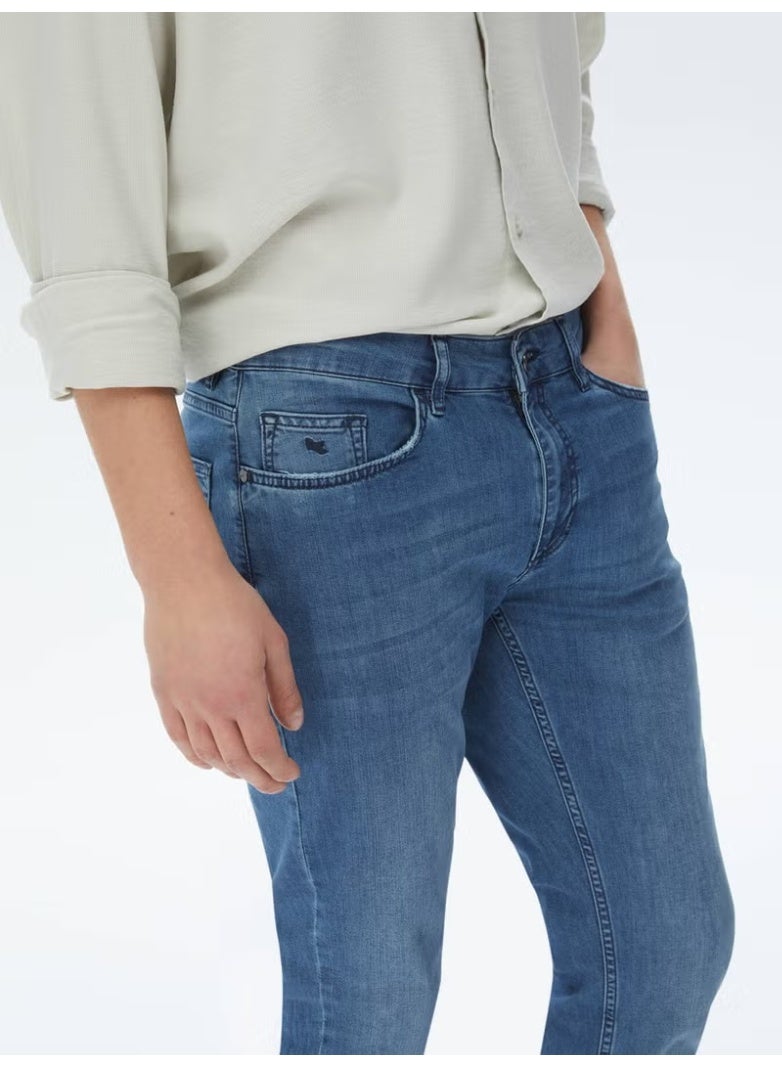 Navy Blue Slim Fit Denim Cotton Blend Trousers - Image 2